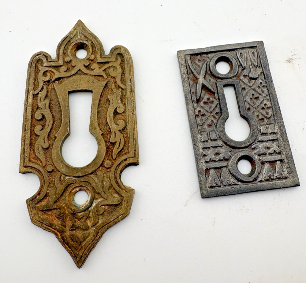 Two Vintage Antique Lost Wax Vintage Key Hole Covers Lock Hardware escutcheons